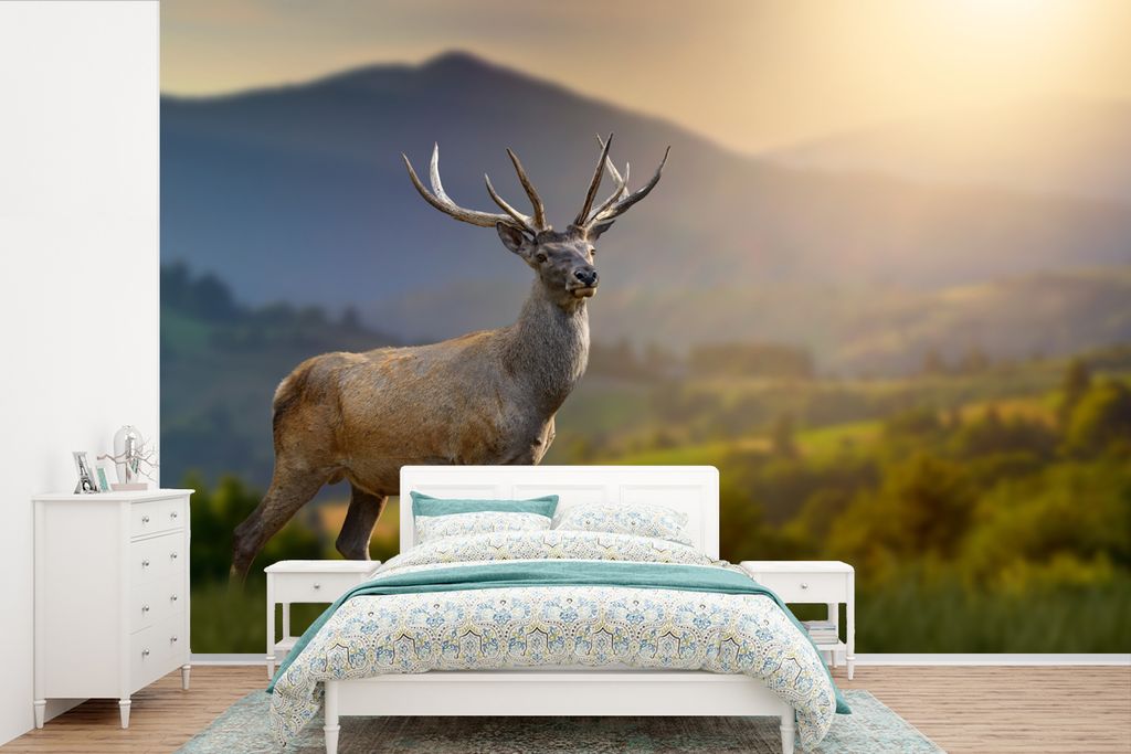 MuchoWow Fototapete für Wohnzimmer oder Schlafzimmer Wandtapete Vinyl Motivtapete Hirsche - Berg - Gras - Sonnenuntergang - Tiere - Natur - 330x...