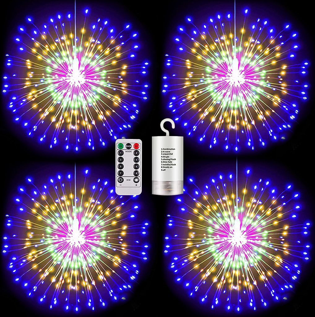 4 Stück Feuerwerk Lichterkette Bunt, 200LEDs Weihnachtsbeleuchtung Dimmbar Fernbedienung,Deko Aussen Innen Batteriebetrieben 8 Modi Fenster Balkon