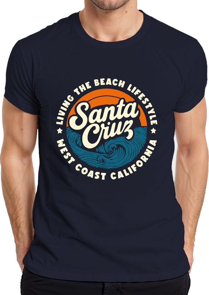 Santa Cruz Kalifornien Westküste Surfen Wellen Retro Strandleben Herren T-Shirt, Navy, M