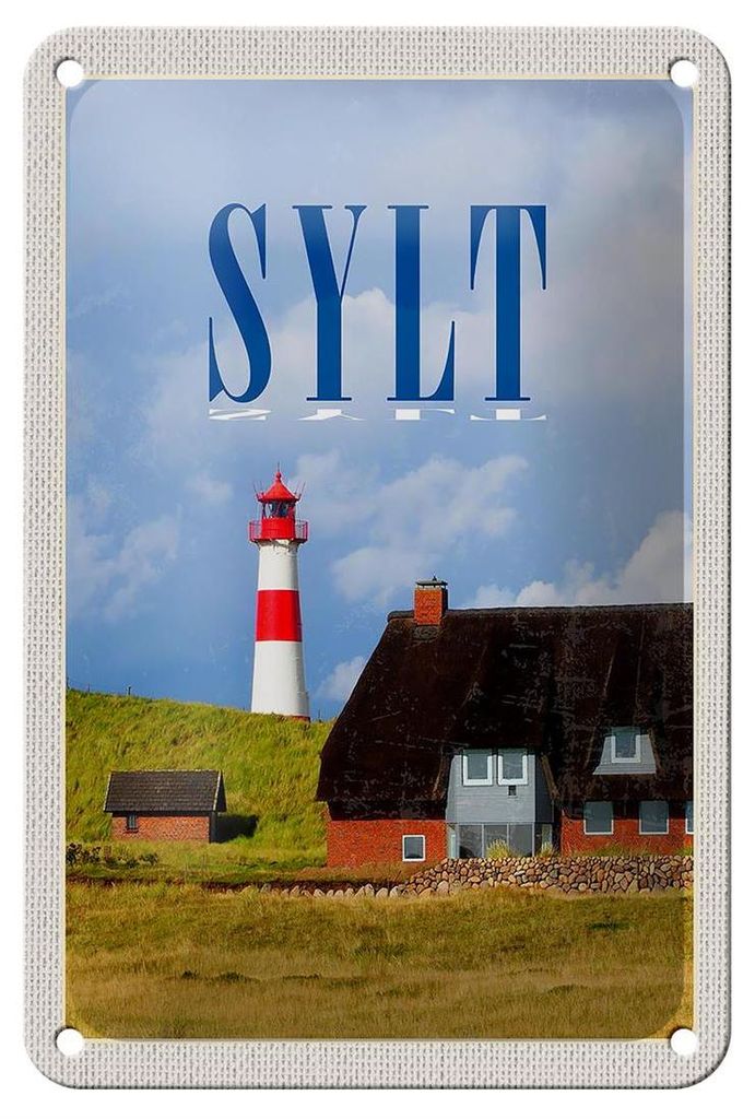 Blechschild Reise 12x18cm Sylt Häuser Dach aus Moos Leuchtturm Schild