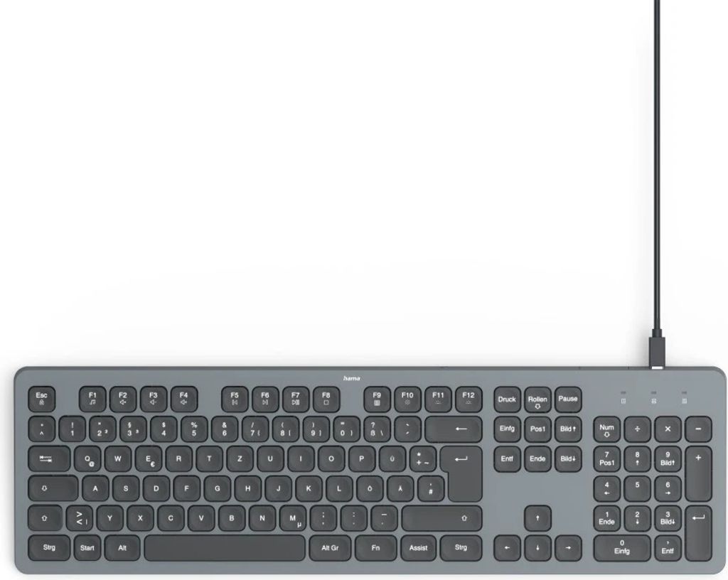 A top-down view of a gray wired keyboard on a white background.