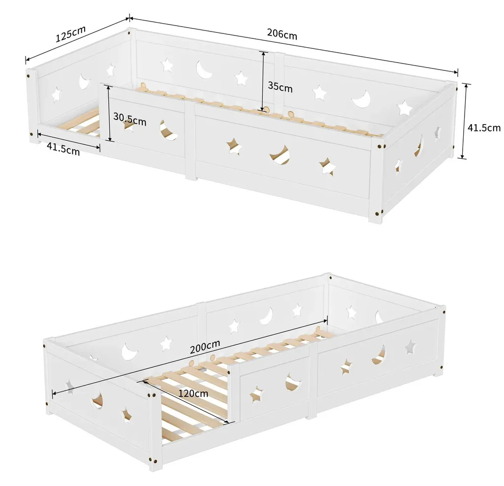 Lit bébé design blanc 120x200 cm, structure bois et barrière robuste
