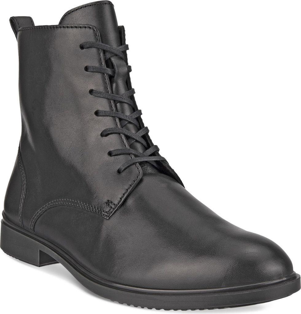 A black leather boot on a white background.