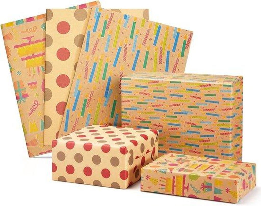 Famanu Geschenkpapier Recycelbares Kraftpapier - Bunt und Braun, 3 Bögen (50 x 76 cm)