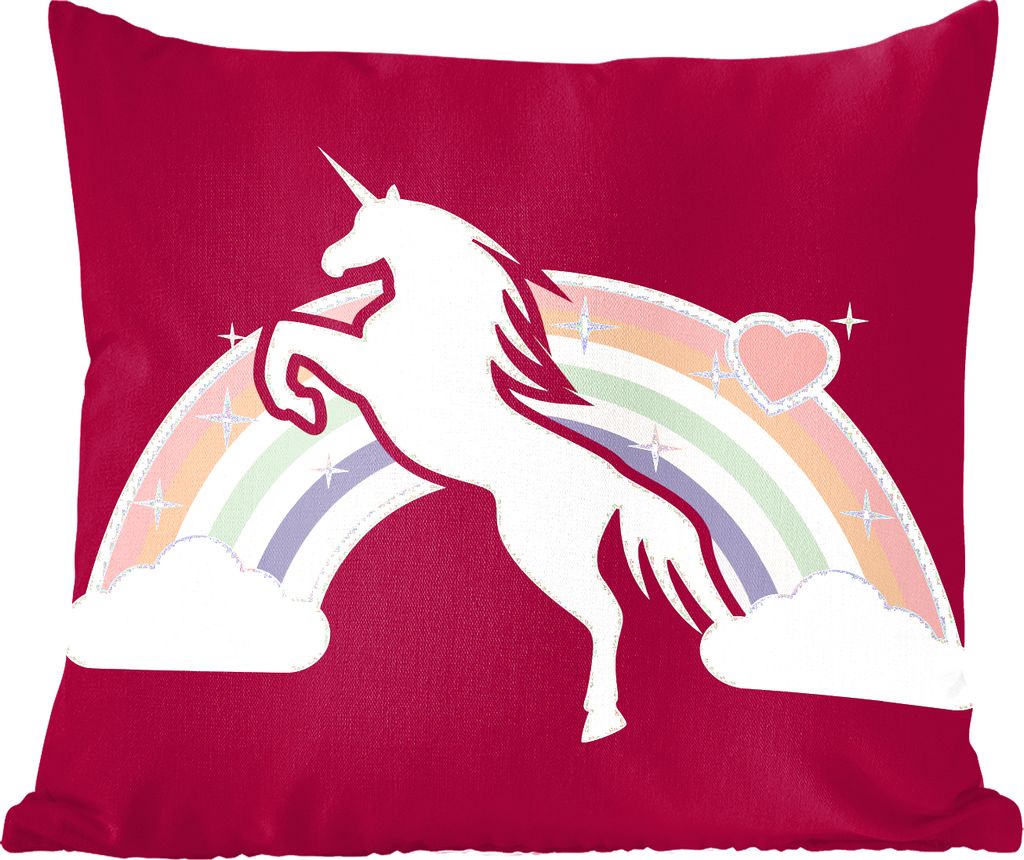 MuchoWow Zierkissen Sofakissen Wohnzimmer Dekokissen 45x45 cm Eine Illustration von einem weißen Einhorn vor einem Regenbogen auf einem roten Hi...