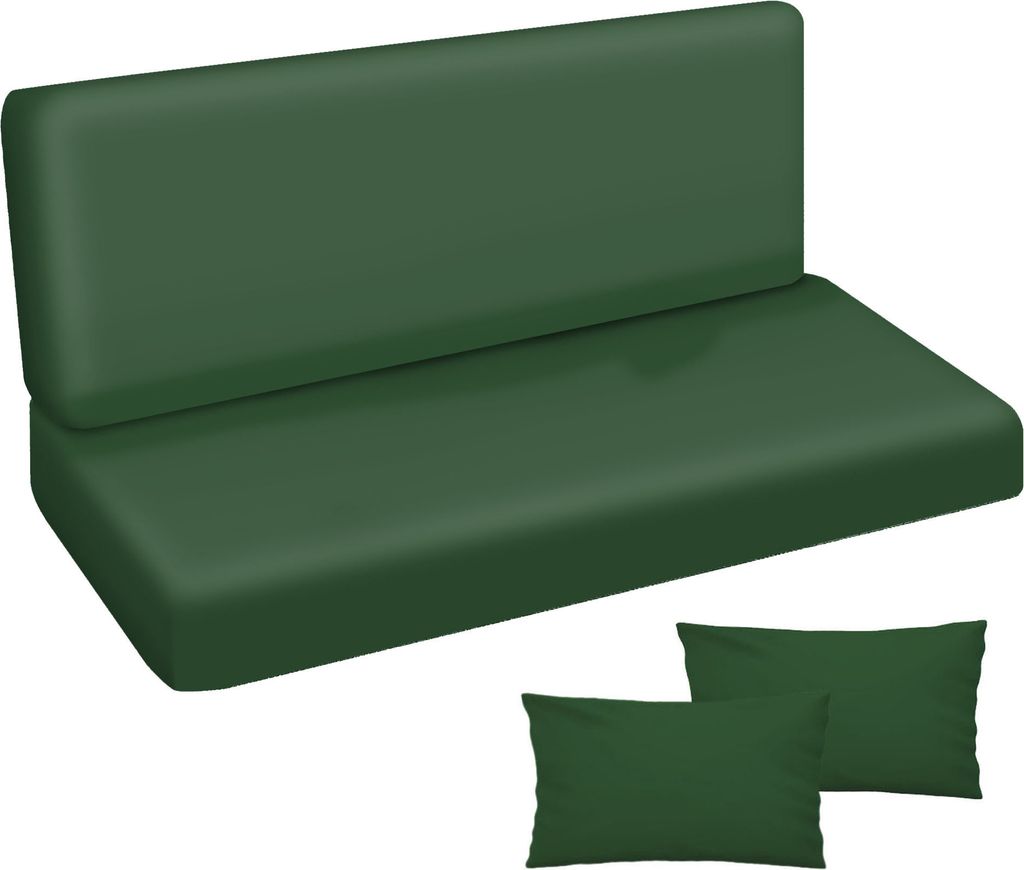 A set of green cushions for a Hollywood swing or garden bench, including a seat cushion, a back cushion, and two smaller throw pillows.