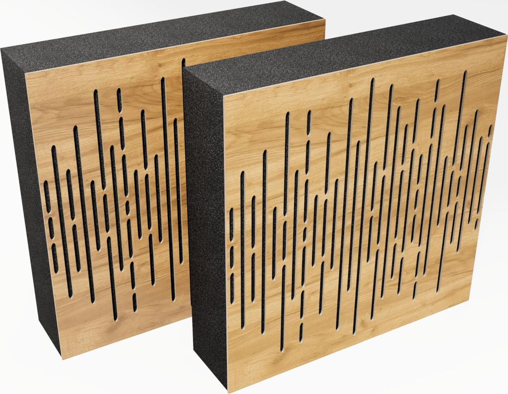 Two acoustic panels with a wooden front and black foam backing, displayed against a white background.