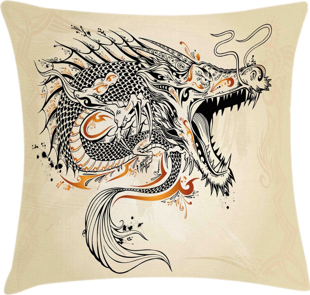 ABAKUHAUS japanische Drachen Kissenbezug, Gekritzel-Art-Brüllengeschöpf mit Schwanz-Reißzähnen-Skala-Stammes- Details, 45 x 45 cm, Beige Ginger...