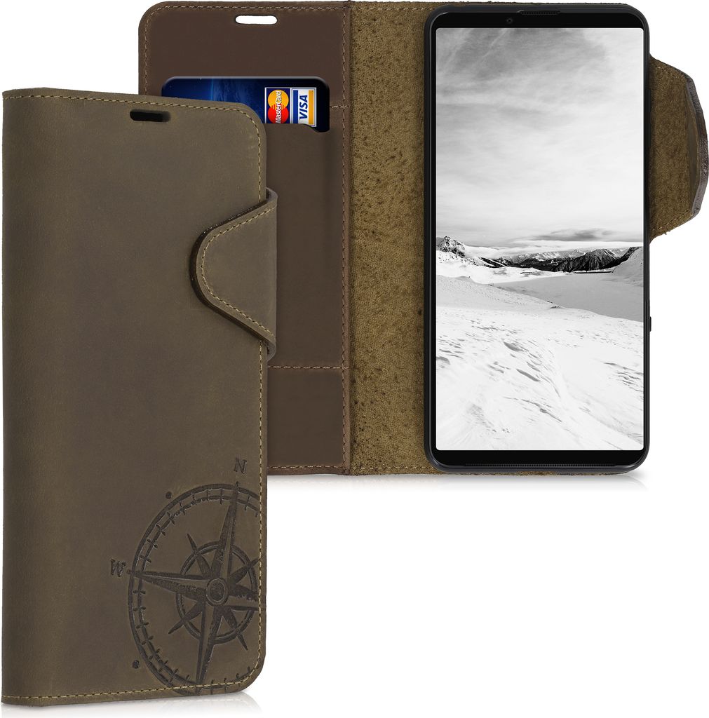 kalibri Wallet Case kompatibel mit Sony Xperia 10 III - Hülle Leder - Handy Cover Handyhülle Kompass Vintage Braun