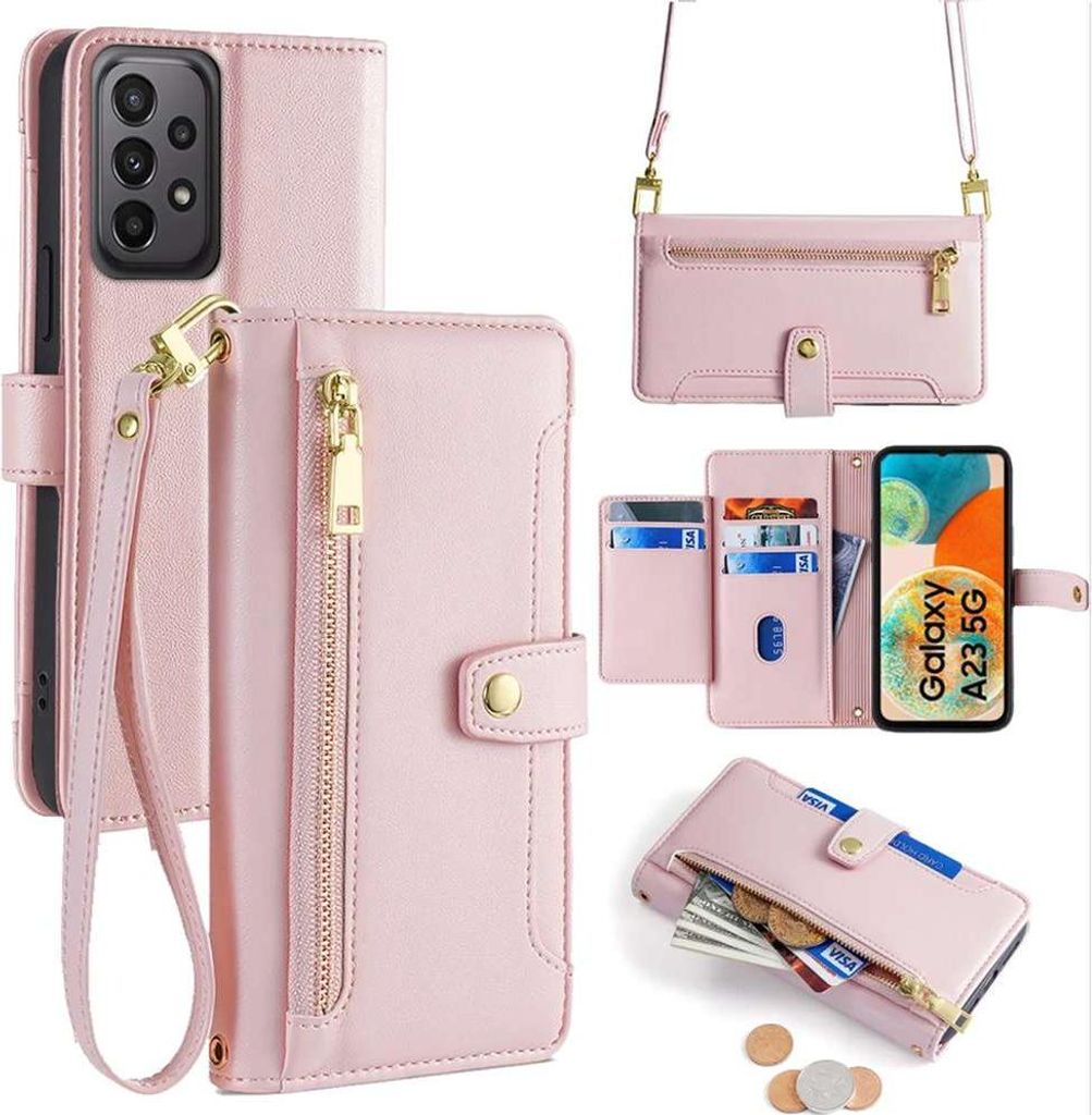 Handykette Samsung Hülle mit Band Handyhülle Kartenfächer Kunstleder Umhängetasche Galaxy A23 Rosa