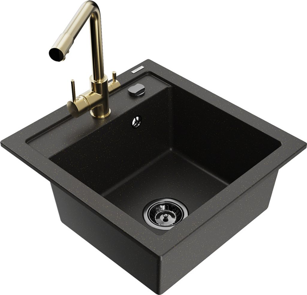 Mexen Vito 1-Becken-Granit-Spüle mit Mischbatterie Duero, Schwarz/Gold metallisch - 6503-75-671600-50-B