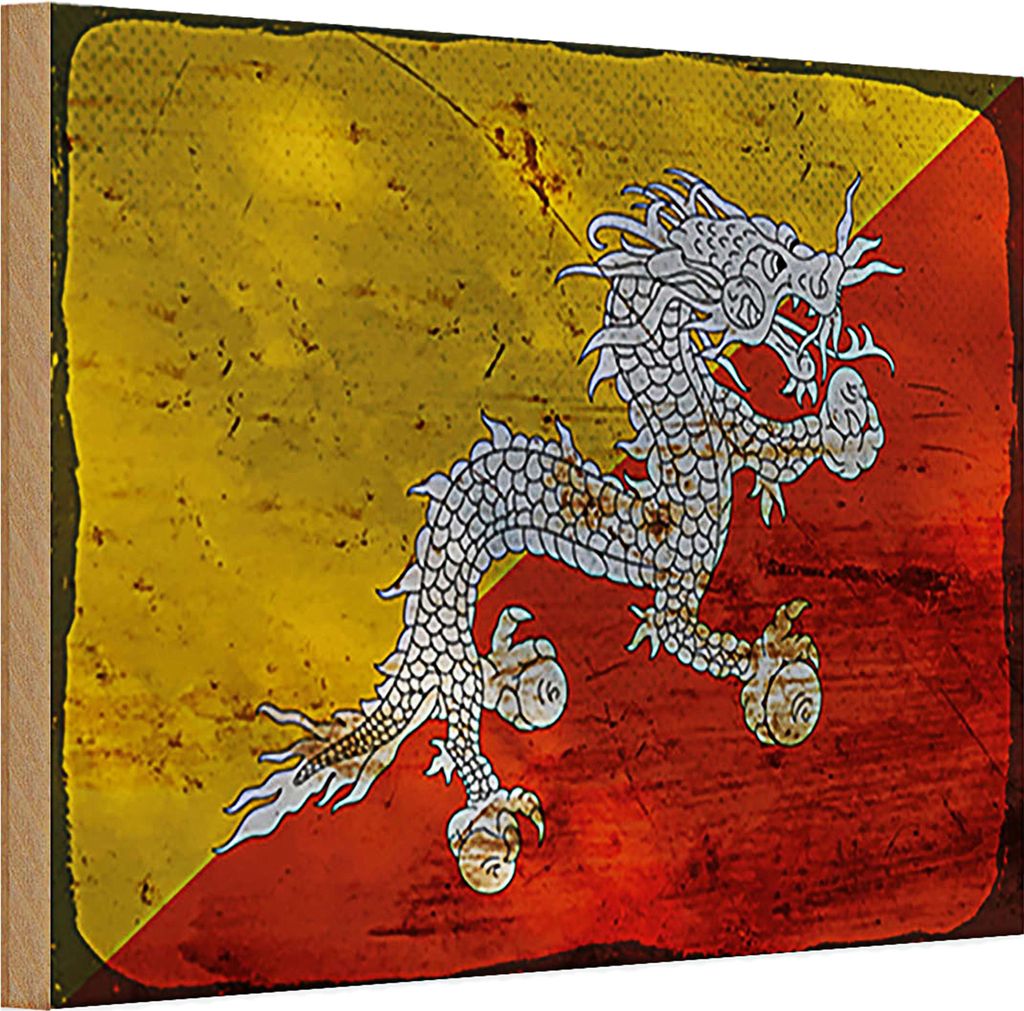 Holzschild Flagge Bhutan 30x20cm Flag of Bhutan Rost