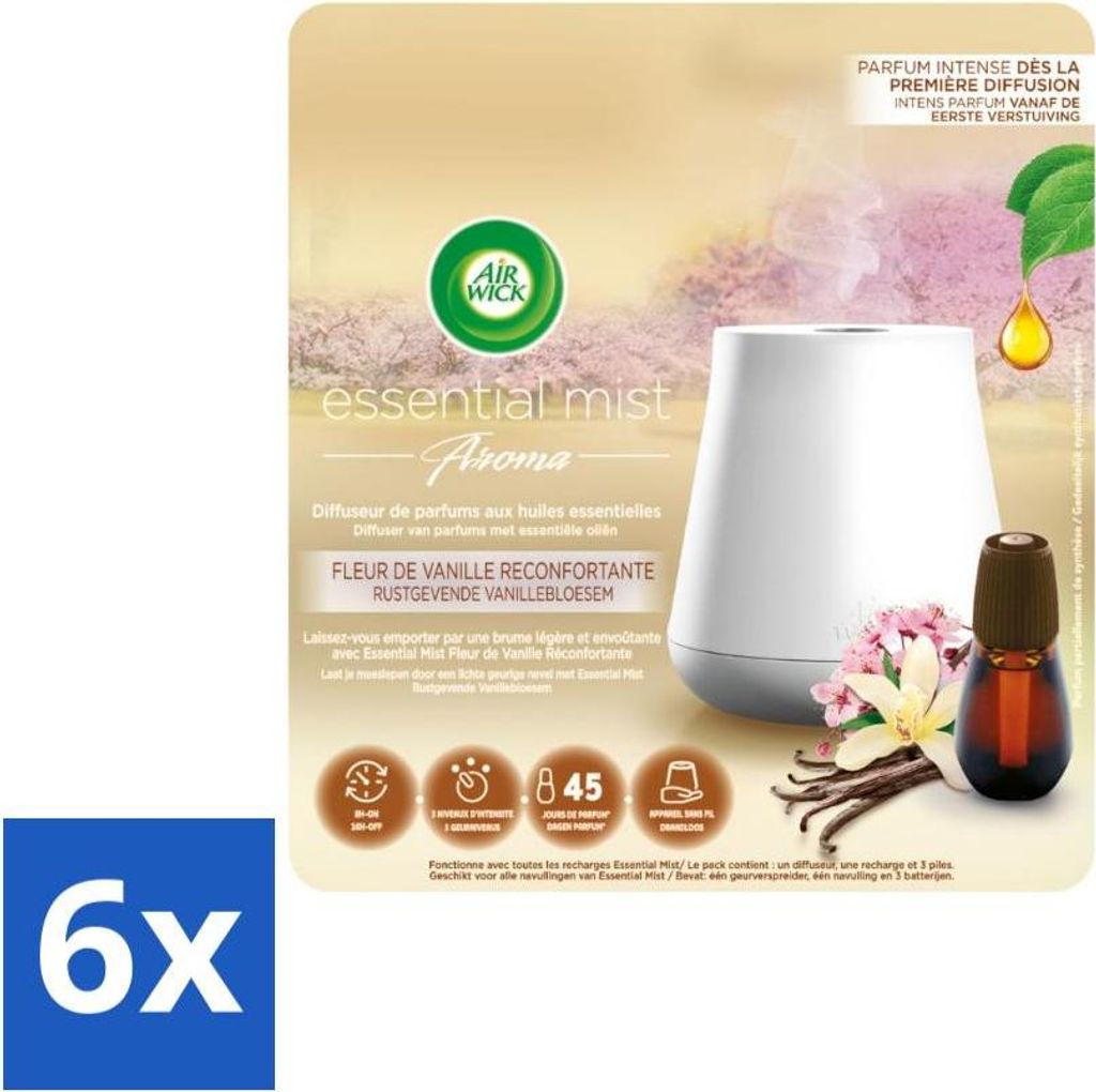 Air Wick Essential Mist – Elektrischer Duftdiffusor – Starter-Set – Beruhigende Vanilleblüte – 20 ml - Vorteilspack - 6 Stücke