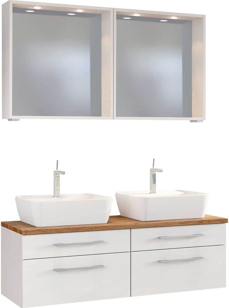 Doppel-Waschplatz 120 cm Set inkl. LED-Spiegelpaneele & 2x Keramik Aufsatzwaschbecken TAREE-03 in matt weiß