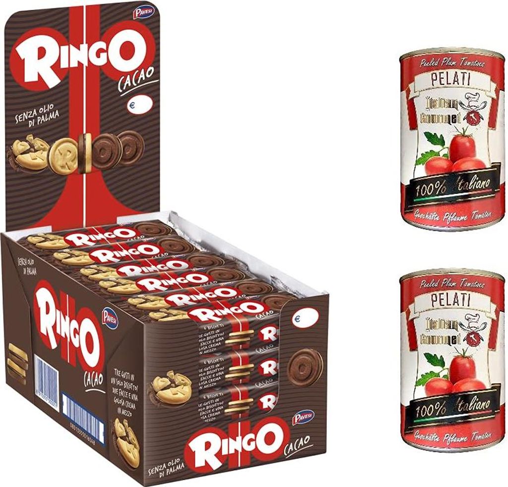 A display box of Ringo Cacao cookies and two cans of peeled tomatoes.