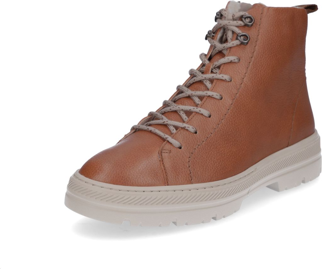 A single brown leather boot is shown against a white background.