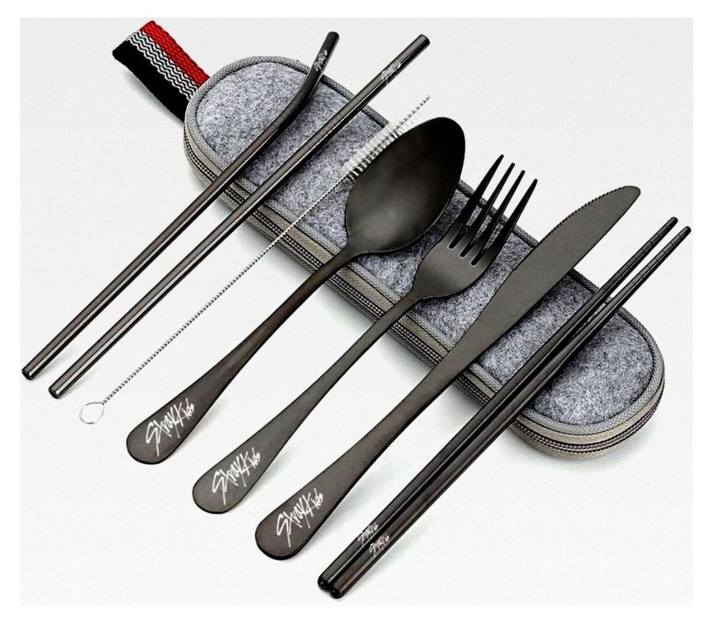 8-teiliges Edelstahl Camping Besteckset, Schwarz, Outdoor Besteck Set mit Etui, bestehend aus Löffel, Gabel, Messer, Essstäbchen, Strohhalmen, Re...