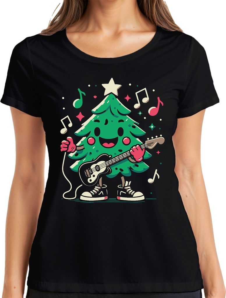 Tannenbaum Gitarre - Weihnachten Weihnachtsgeschenk Christmas Damen T-Shirt, Schwarz, M