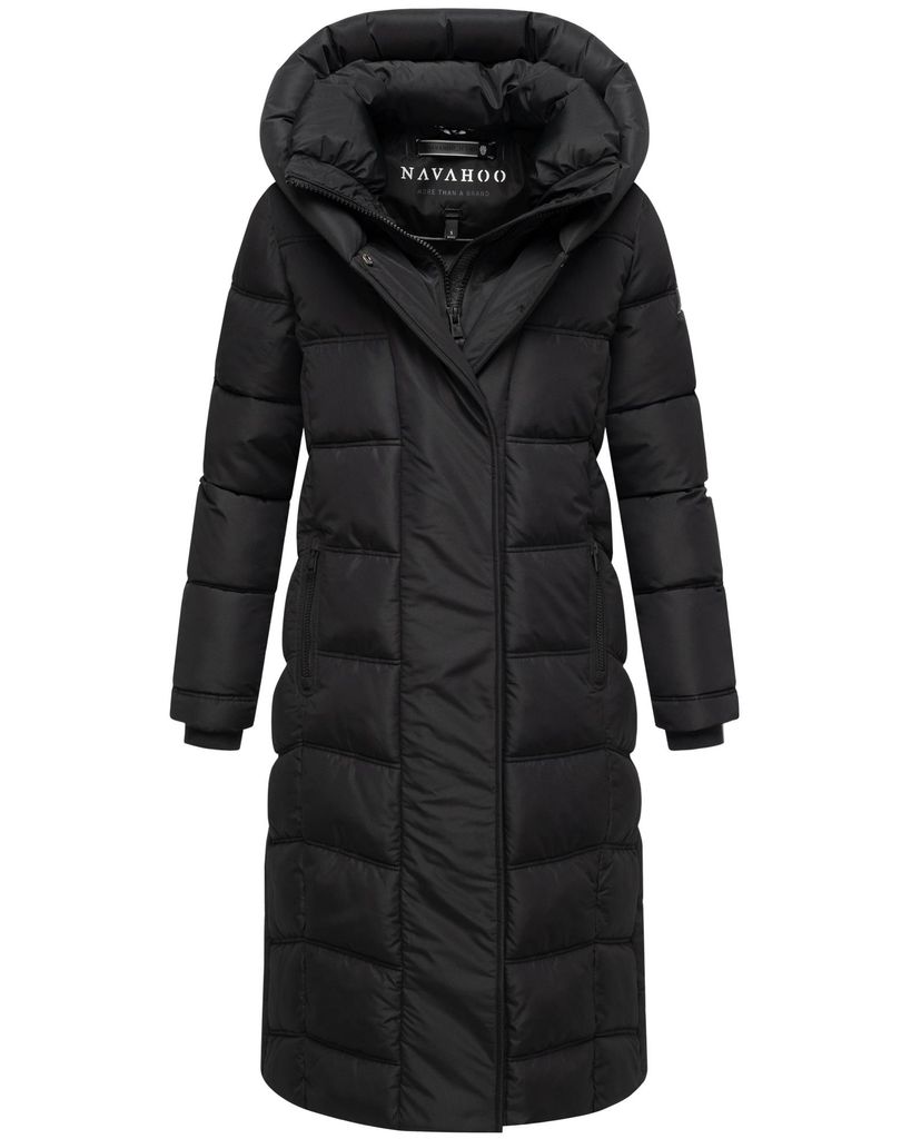 Navahoo Damen Wintermantel langer Steppmantel Jacke Parka mit Kapuze Engelsfeder Schwarz Gr. 36 - S