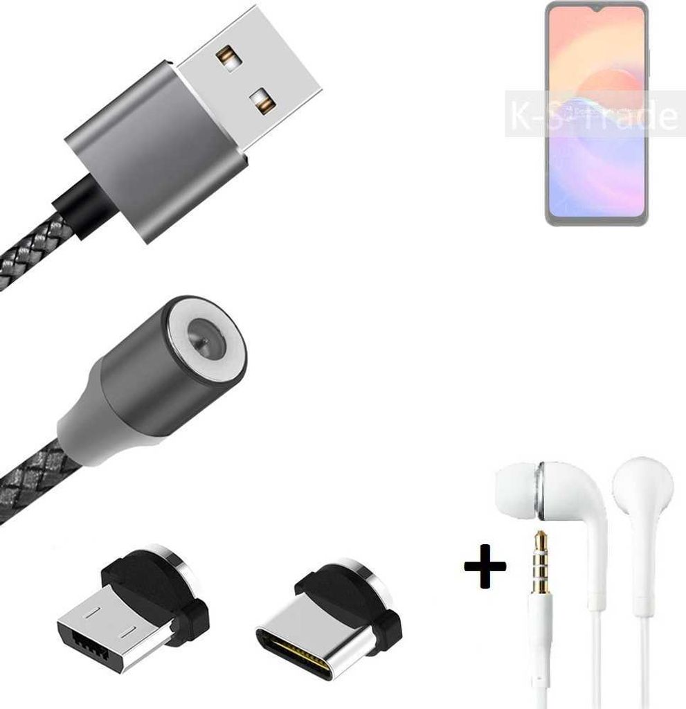 K-S-Trade Hochwertiges Magnet-Lade-kabel Sync-Kabel Daten-Kabel + Kopfhörer kompatibel mit ZTE Voyage 30S 5G mit USB-Typ-C-Anschluss und