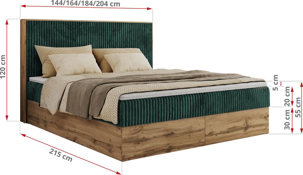 A boxspring bed with dimensions indicated.