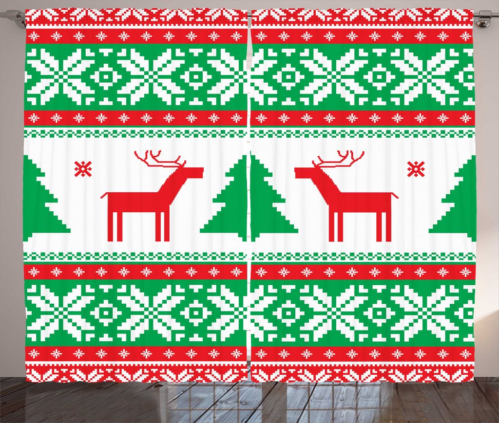 ABAKUHAUS Weihnachten Rustikaler Vorhang, Ferienzeit Deer, Wohnzimmer Universalband Gardinen mit Schlaufen und Haken, 280 x 225 cm, Weiß Grün Rot