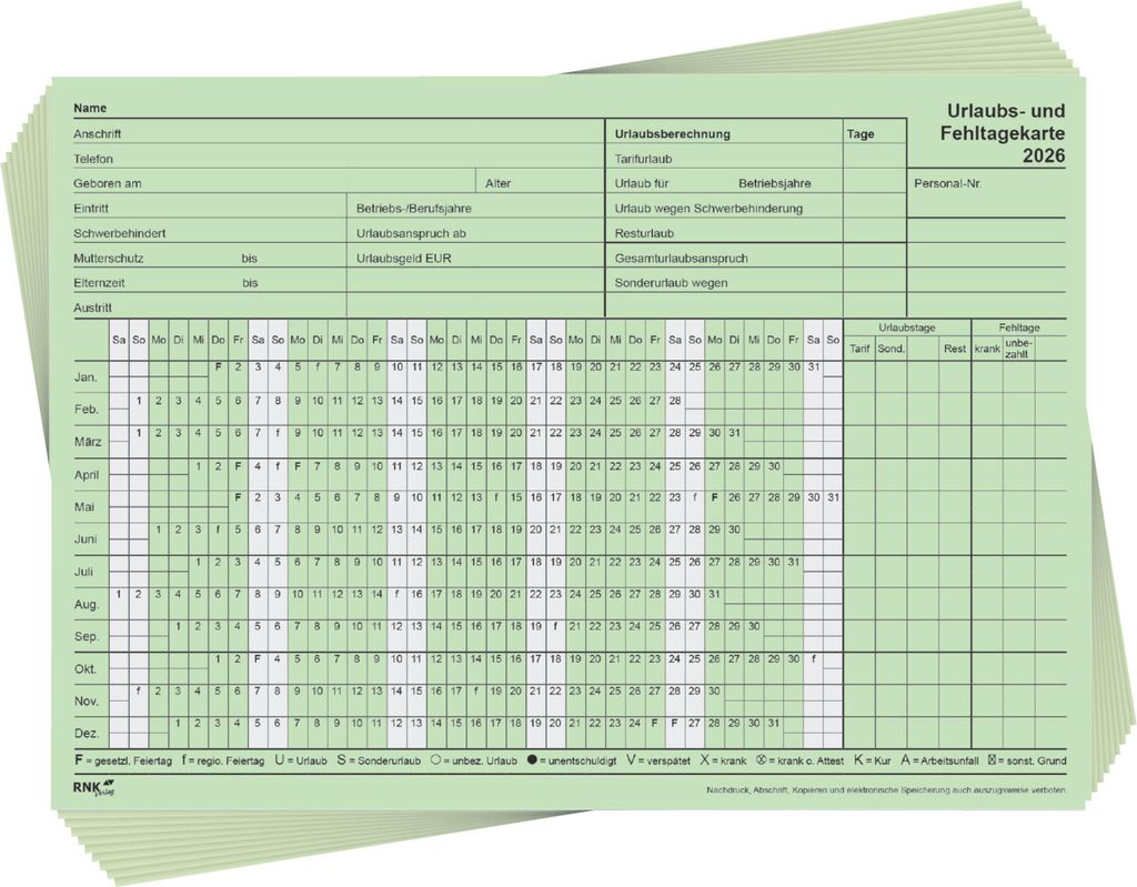 RNK Verlag 2901/26-10 Urlaubs- und Fehltagekarte 2026 mit tabellarischer Darstellung, DIN A5 quer, 10 Stück, grün