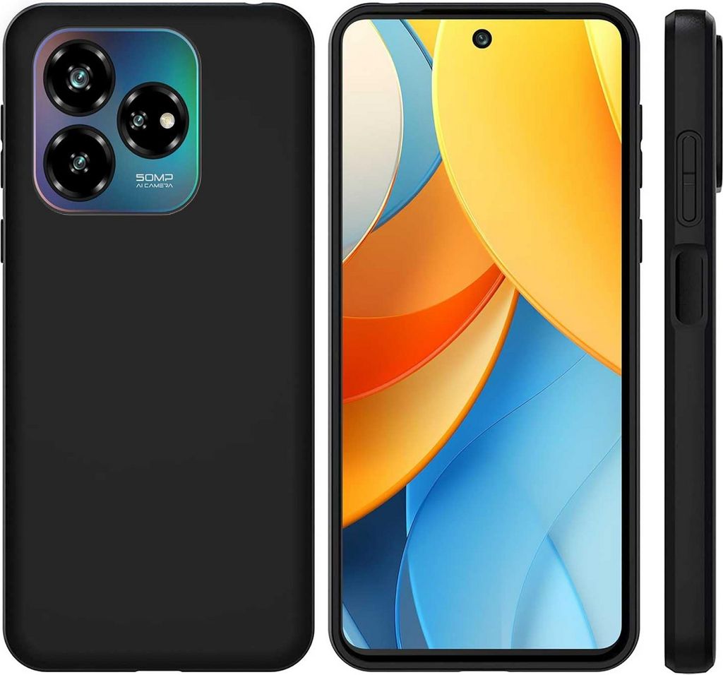 A collage showing a black phone case from different angles, and a smartphone with a colorful wallpaper.
