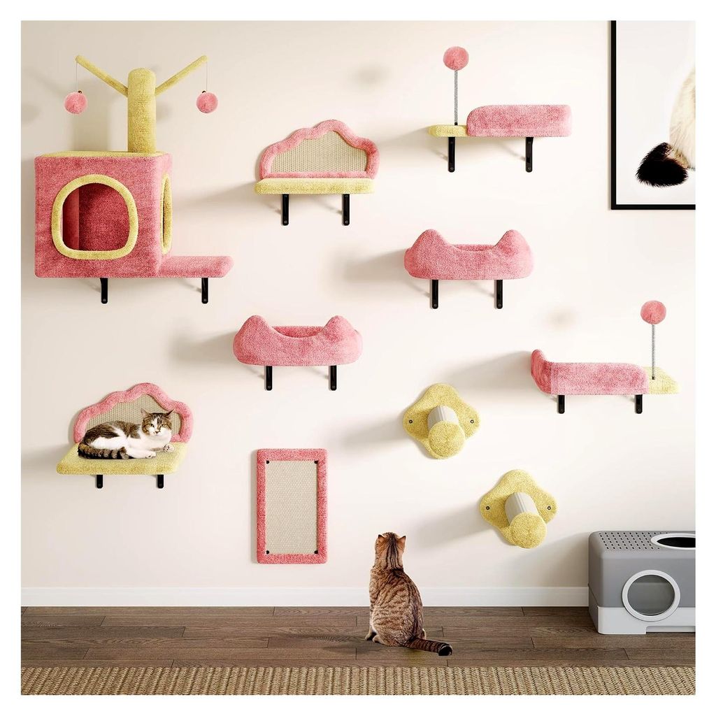 Kletterwand Katzen Set aus Flanell, 10-teiliges stabiles Katzenmöbel mit Katzenhaus, Katzenbett, Katzenkratzbrett, Sisalsäule und Katzenspielzeug...