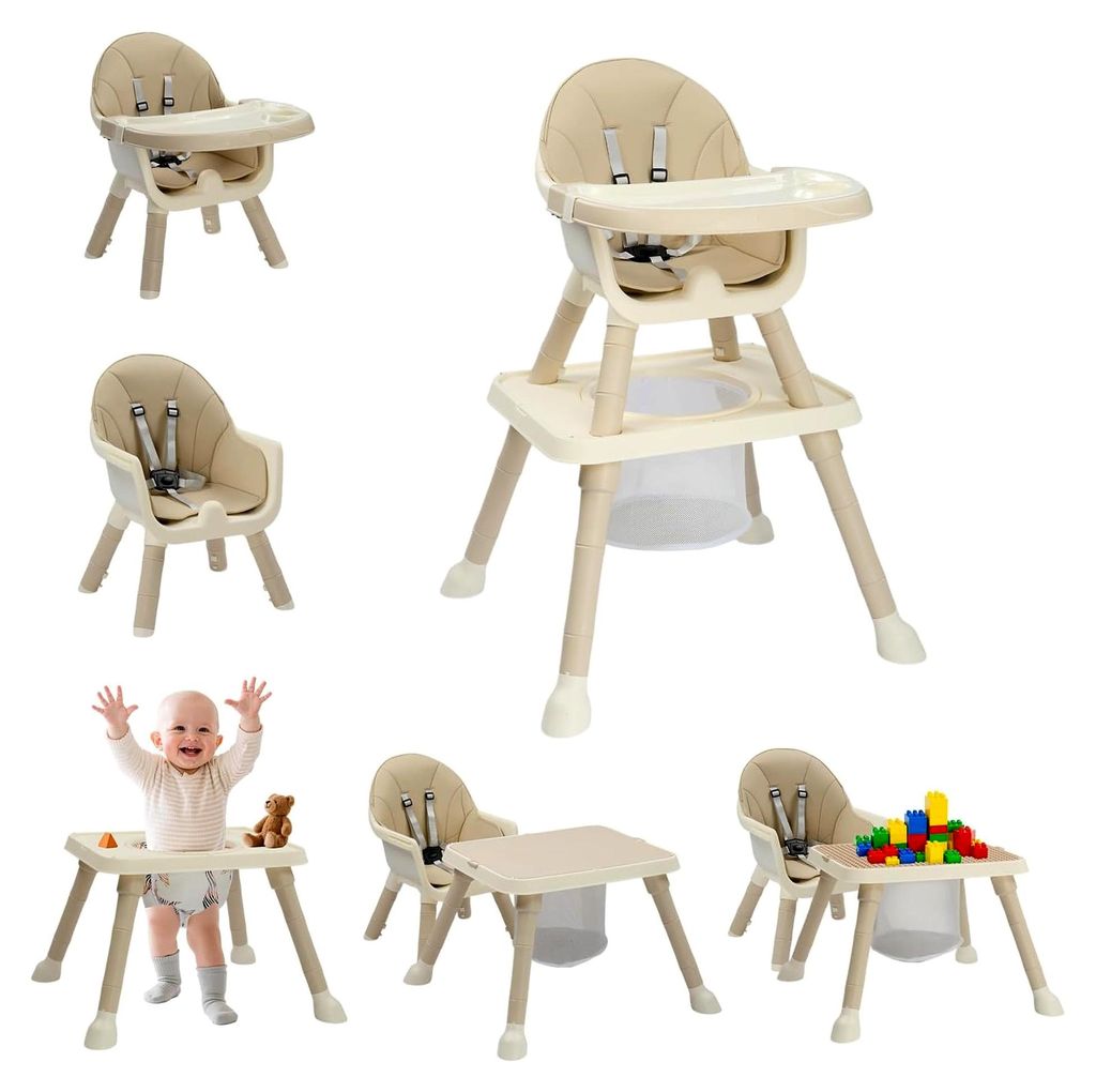 Hochstuhl für Babys mit Liegefunktion, geeignet ab 6 Monaten für Essen und Baden, Babystuhl mit Goldrahmen, inklusive Doppeltablett und Fußstüt...