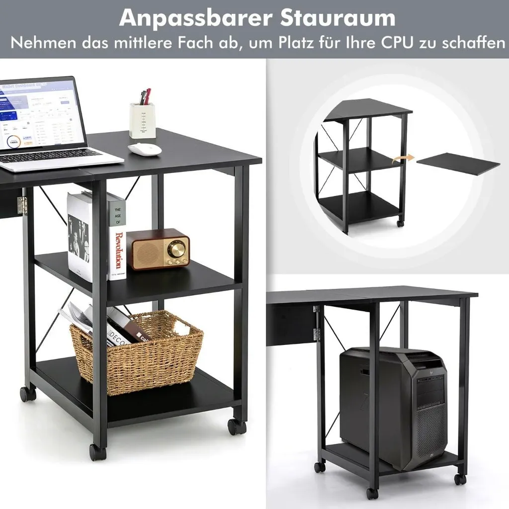 Bureau pliable à roulettes noir avec étagères de rangement multiniveaux