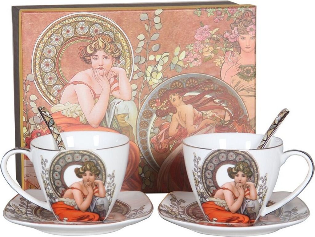 HOME ELEMENTS Set aus zwei Porzellantassen mit Untertassen und Löffeln 250 ml, Mucha light