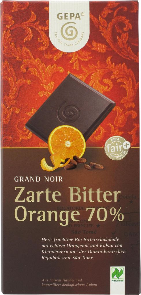 A chocolate bar wrapper with an image of a chocolate bar, an orange slice, and cocoa beans.