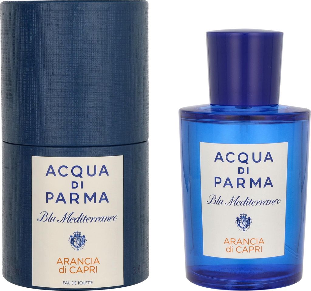 A bottle of Acqua di Parma Blu Mediterraneo Arancia di Capri Eau de Toilette and its cylindrical packaging are shown against a white background.