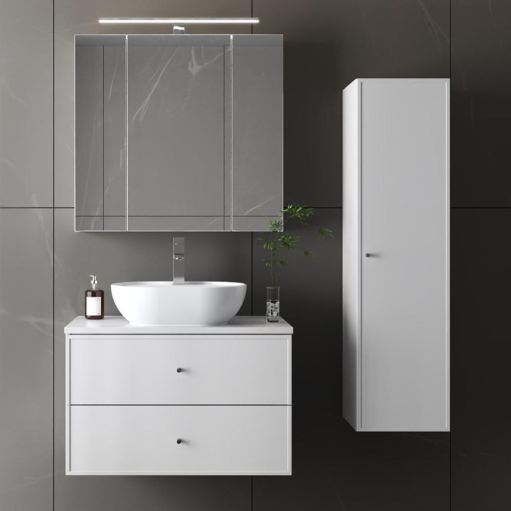 Badmöbel-Set 3-teilig mit 80 cm Waschtisch, Hochschrank & Spiegelschrank in weiß - MURANO-140