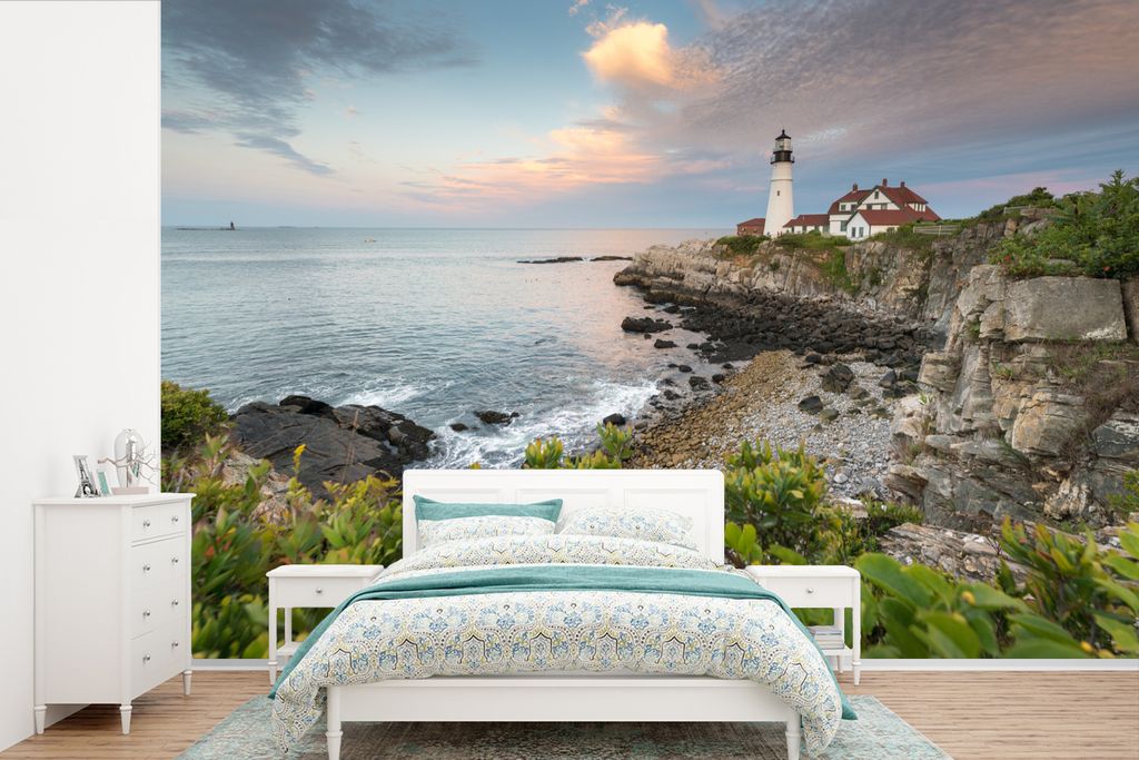 MuchoWow Fototapete für Wohnzimmer oder Schlafzimmer Wandtapete Vinyl Motivtapete Leuchtturm in Maine - 450x300 cm - Gemusterte
