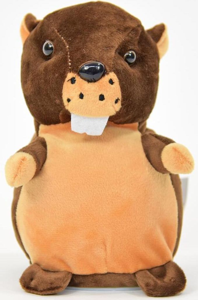 A stuffed beaver toy is shown against a white background.