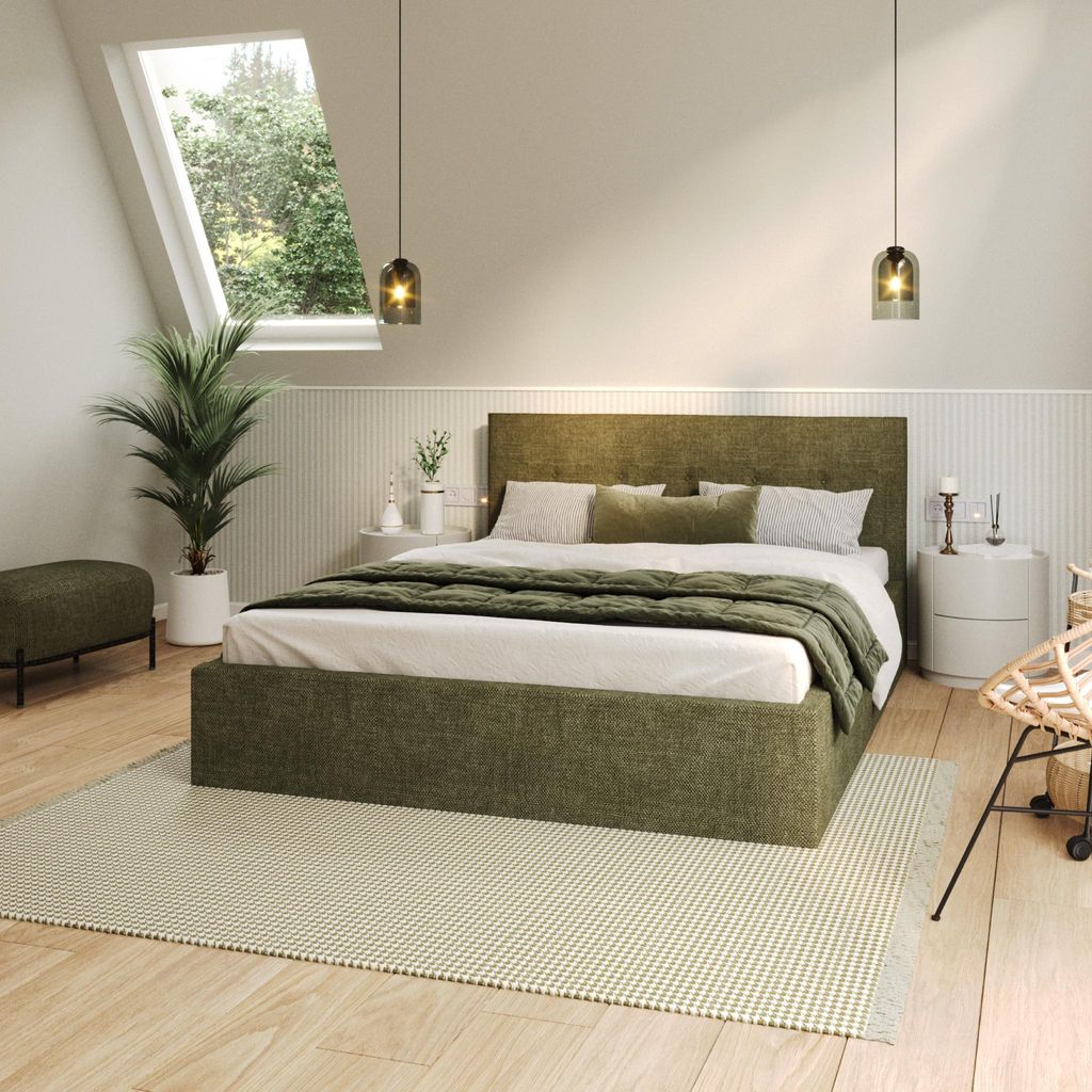 FDM Bett BOHO Ottawa 140x200 cm Polsterbett mit Lattenrost aus Metall Bettkasten Stauraumbett olivgrün
