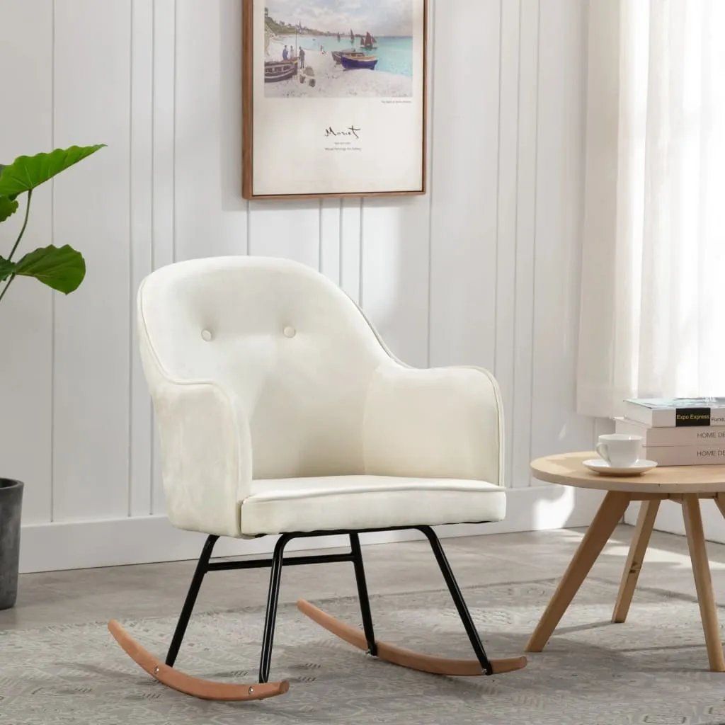The Living Store Sedia a dondolo in velluto bianco crema
