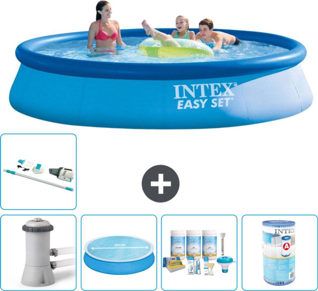Intex runder aufblasbarer Easy Set-Schwimmpool – 396 x 84 cm – Blau – inklusive Pumpe Sonnensegel - Wartungspaket - Filter - Staubsauger