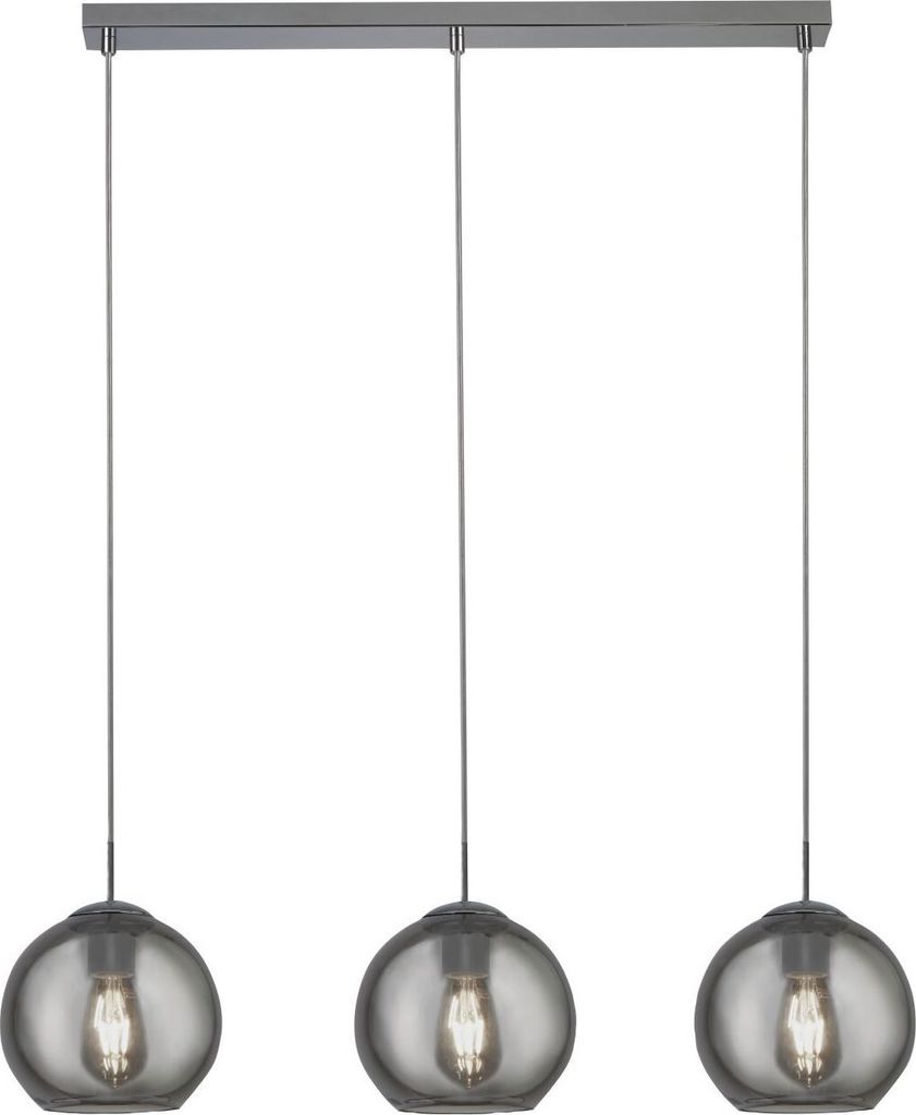 Hängelampe Rauchglas Metall E27 H: max. 150 cm Chrom Rauchgrau 3-flammig Kugelschirm Retro Design