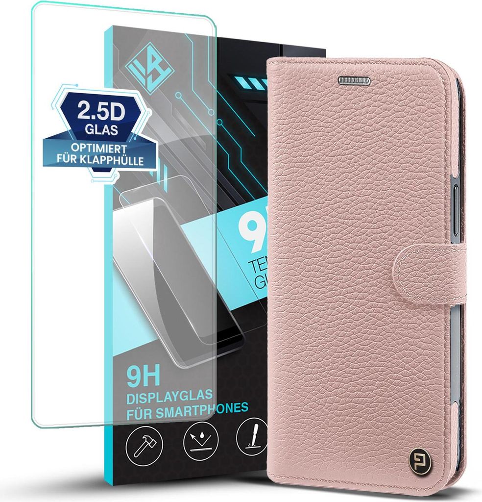 Echtleder Handyhülle für Samsung Galaxy S25 mit 9H Displayglas RFID Schutz Cover Leder Hülle Magnetring 2-in-1 Bumper abnehmbar Farbe: Rosa