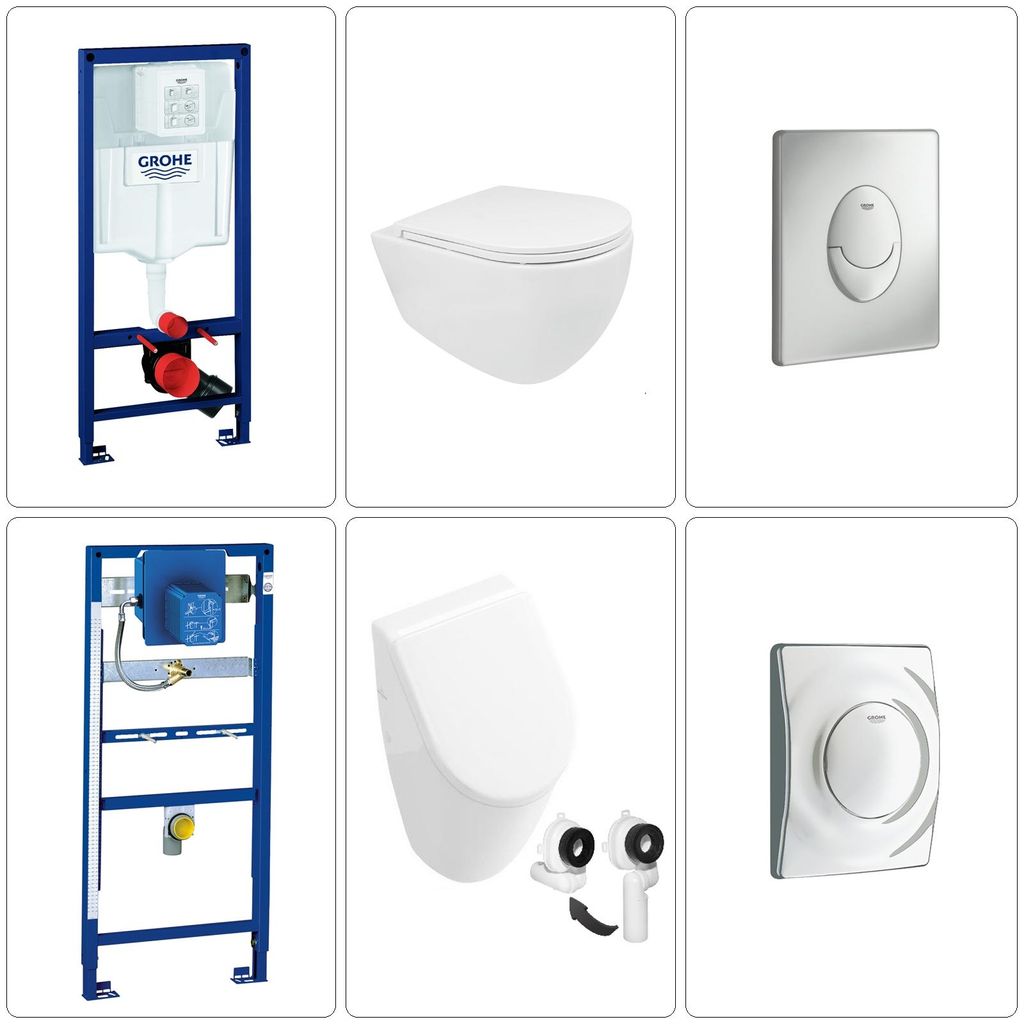 BB INFINITY Wand WC spülrandlos mit Villeroy & Boch Subway Urinal inklusive Grohe Zubehör, chrom matt