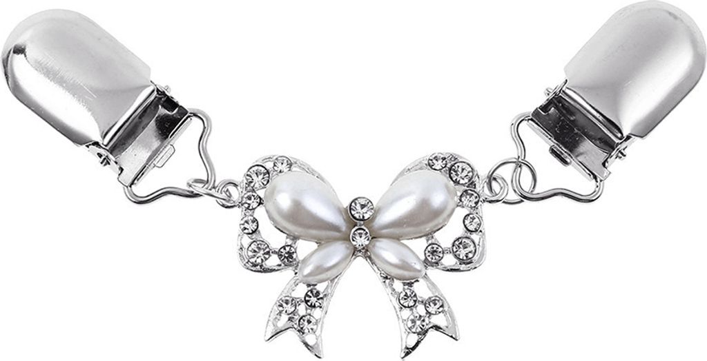 Schicke Damen-Strass-Intarsien-Bowknot-Cardigan-Kragen-Clip-Kleid-Schal-Verschluss-Pin-Weiß