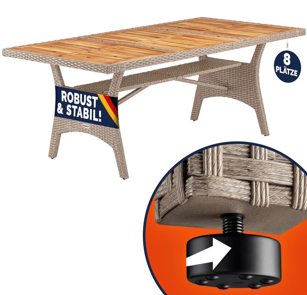 CASARIA Polyrattan Gartentisch mit Ablage FSC - zertifiziertes Akazienholz 190x90 cm Höhenverstellbar Wetterfest Garten Terrasse Esstisch Tisch...