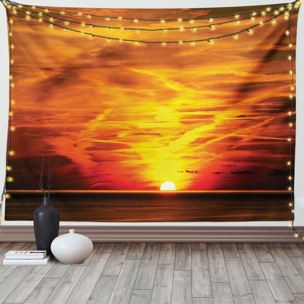 ABAKUHAUS Orange Wandteppich, Sonnenuntergang über Horizont-Meer, Wohnzimmer Schlafzimmer Heim Seidiges Satin Wandteppich, 200 x 150 cm, Orange