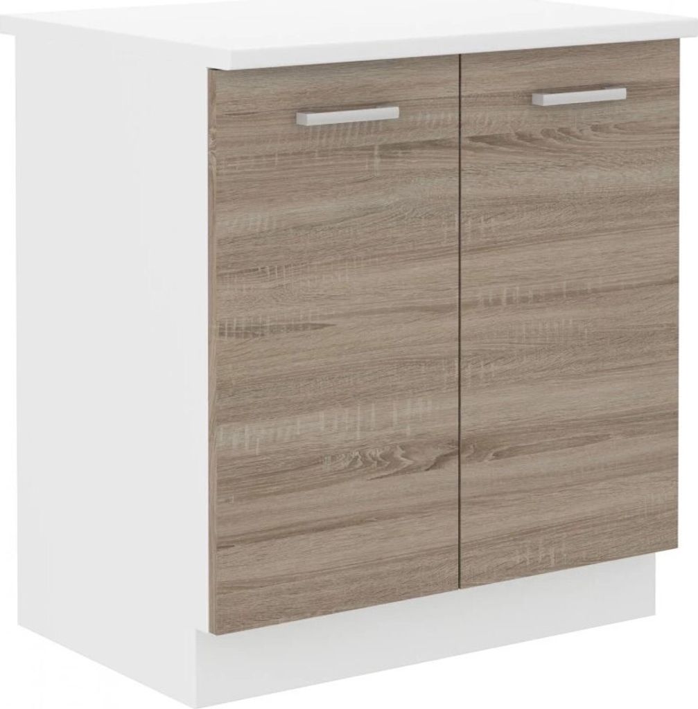 A white and wood-grain cabinet with two doors.