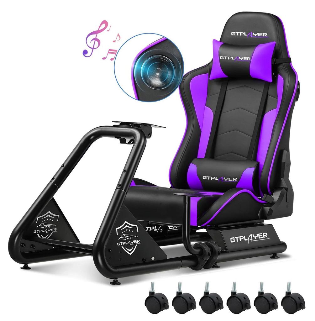 Rennsimulator Cockpit GTS03 - Sim Racing Sitz mit Lenkradständer - Klappbarer Rahmen - Verstellbarer Kunstledersitz - Pedalablage & Lautsprecher -...