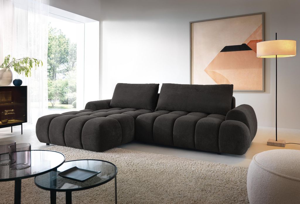 Ecksofa 280 cm Valerio mit Bettkasten und Schlaffunktion - Links, Ecksofa L-Form, Schaumstoff (Schwarz - Gobi 18)