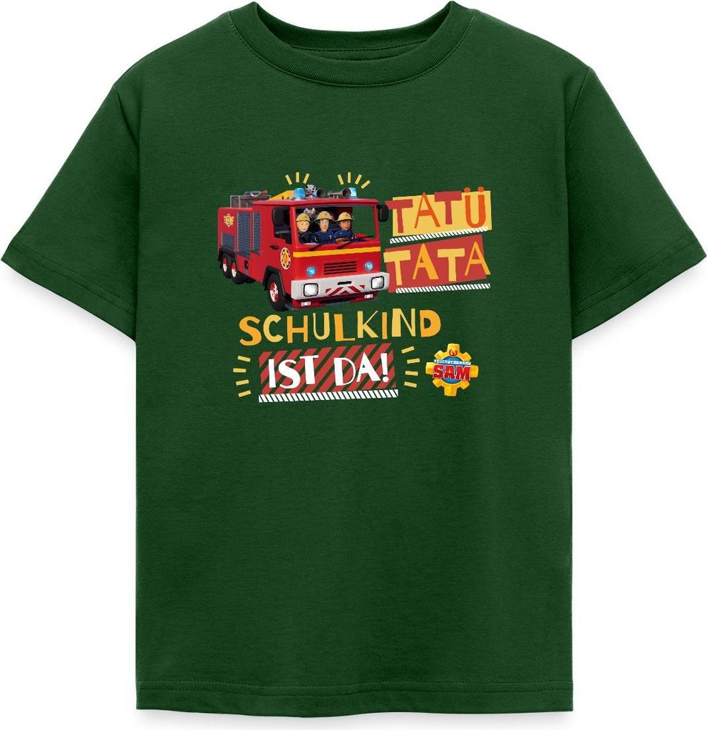 Spreadshirt Feuerwehrmann Sam Tatü Tata Schulkind Ist Da Kinder T-Shirt, 110/116 (5-6 Jahre), Forstgrün